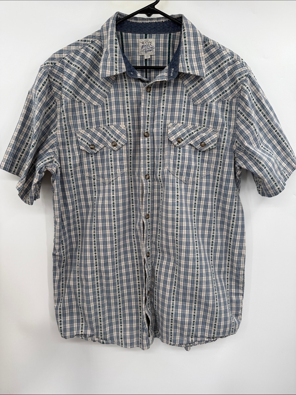 MoonShine Spirit Pearl Snap Boho Western Short Sleeve Plaid w/Floral Size L